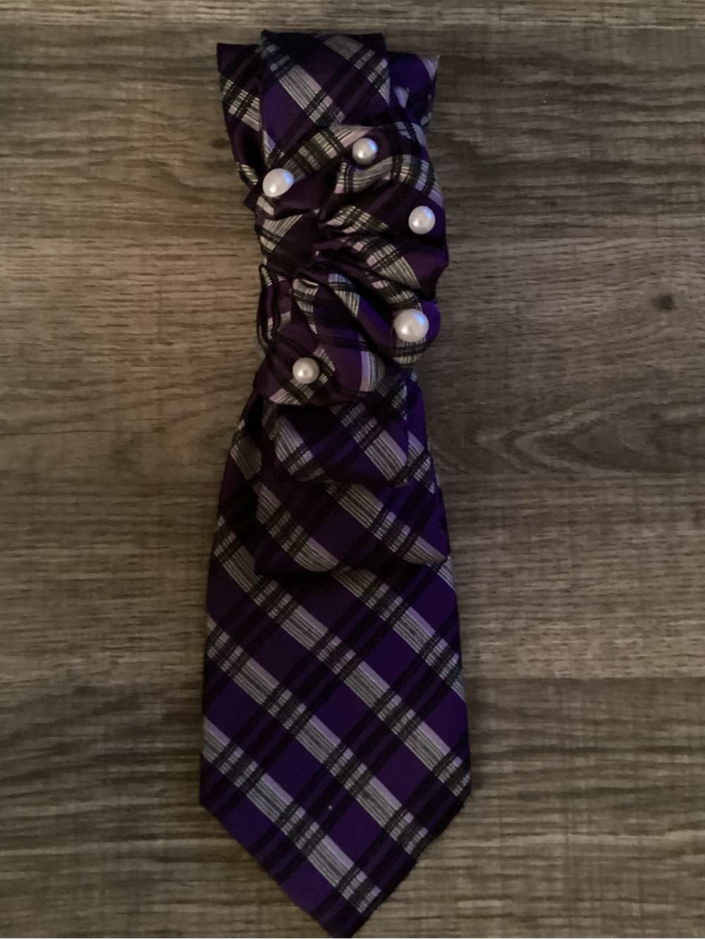 Purple Plaid Junk Necktie with Pearl Accent
